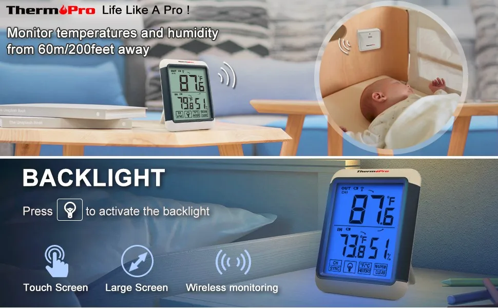 ThermoPro TP55 Temperature Humidity Monitor Indoor Thermometer Humidity Meter Digital Hygrometer with Jumbo Touchscreen & Backlight