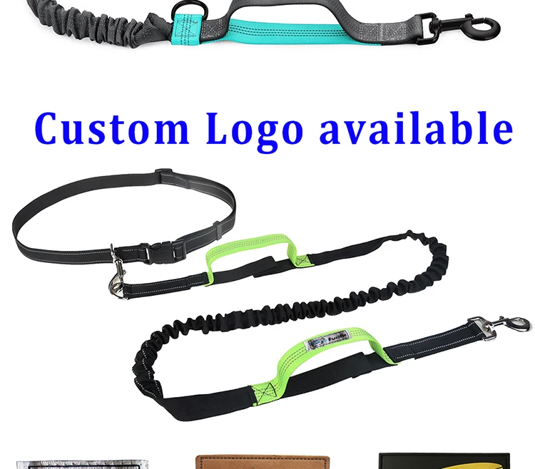 Custom Logo Running Elastic Bungee Hand Free Lead Pet Dog Leash With 2 Handles