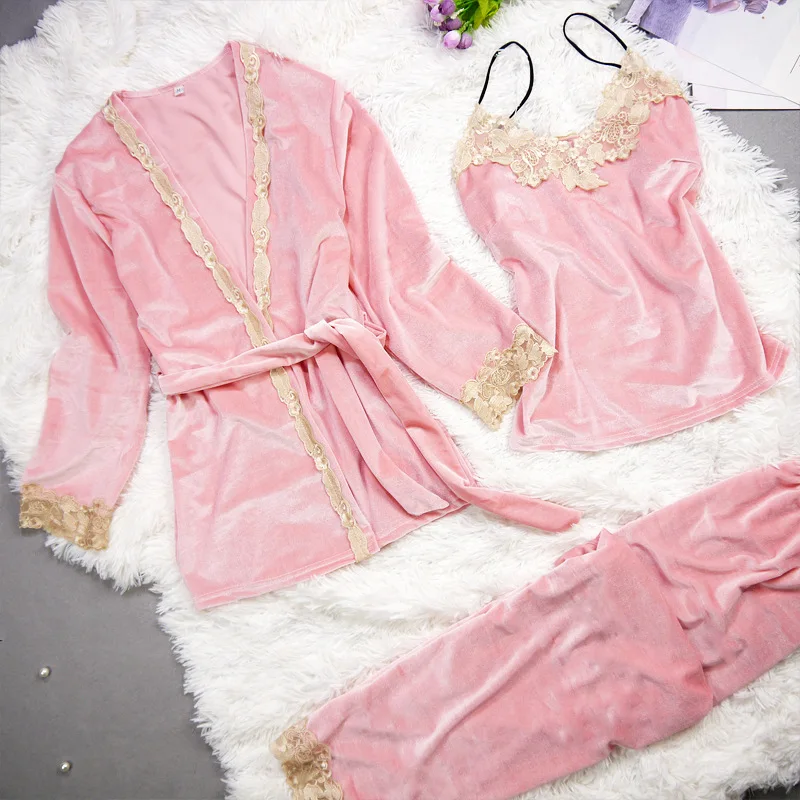 Wholesale Custom Velvet Solid Color 3Pcs  Pajamas Women  Pajamas