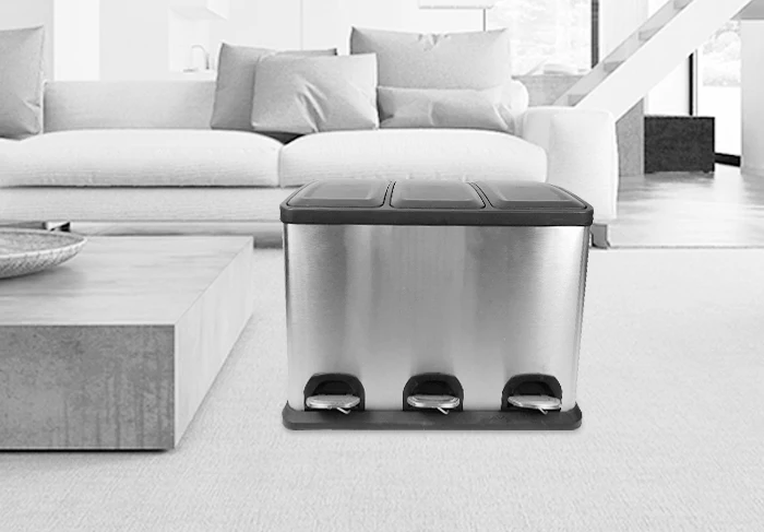 Household rectangular stainless steel foot pedal 3 compartment recycle bin