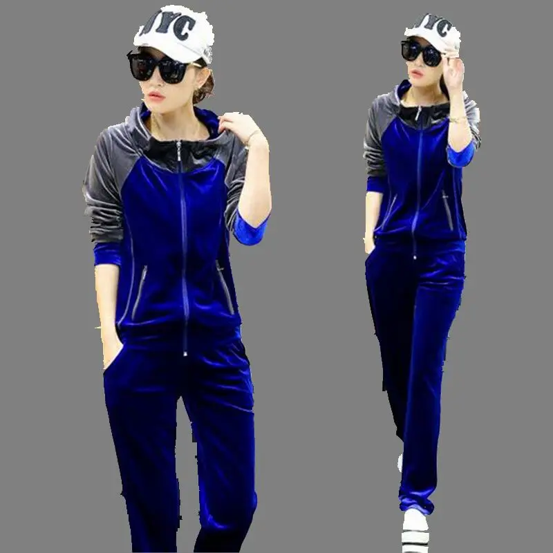 2016Autumn Winter Fashion Women Casual Sportswear Suit Velvet Splicing Hooded Long sleeved Slim Large size Two