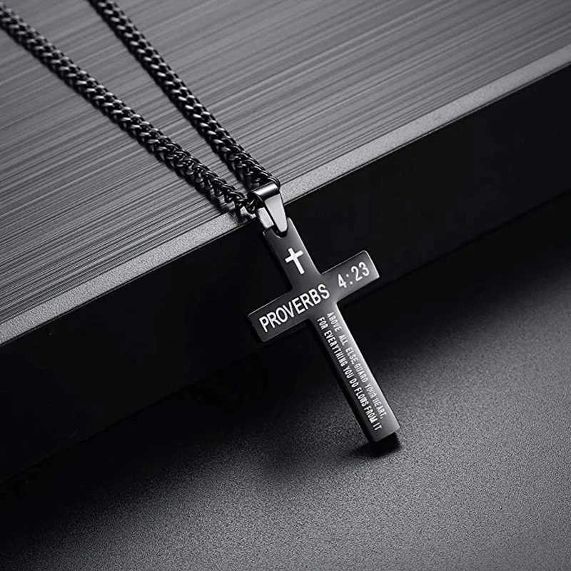 Stainless Steel Bible Verse Cross Pendant Necklace for Men Women, Proverbs 4:23