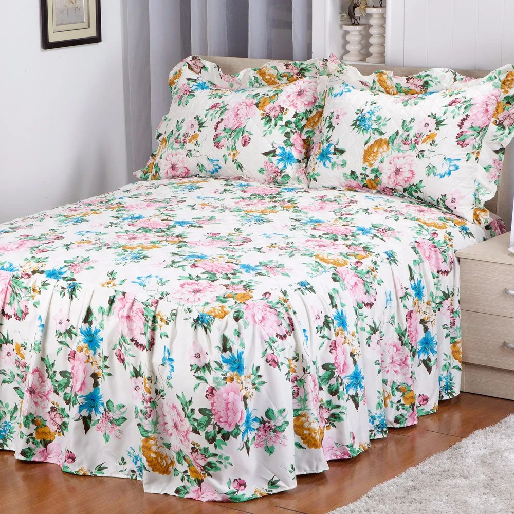 Top Ruffled Printed Whosesale Quilted Bedspreads For Hotel With 2 Shams