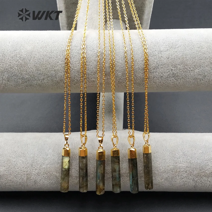 WT-N1007 Wholesale hot sale generous fashion design necklace 18 inch 24K gold plated natural raw stone terminate labradorite bar