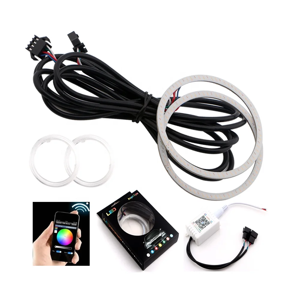 EverBrightt 1 Set 90MM RGB Angel Eyes LED Halo Rings for Car Headlight Lamp Daytime Running Light COB Chips Multil-Color Circle Ring Mobile App Control with PVC Housing DC 12V