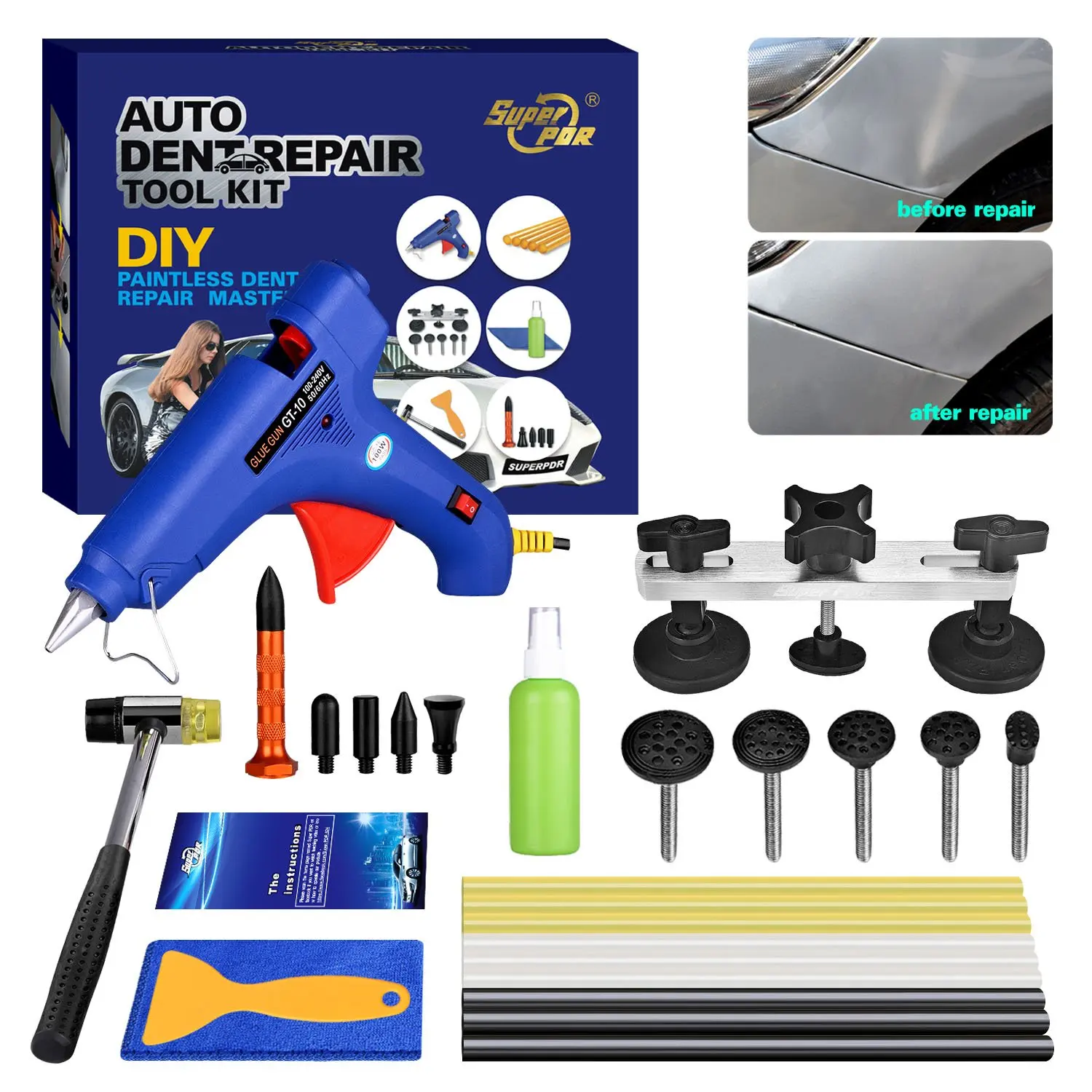 PIDINGER 19PCS Paintless Dent Removal Tools Aluminum Auto Body Dent Repair Puller and Nylon Tab Set