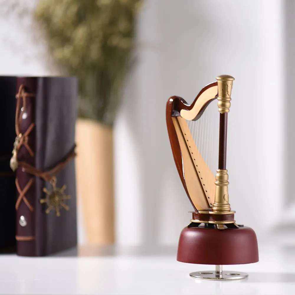 Classical Wind Up Harp Music Box With Rotating Musical Base Instrument Miniature Replica Artware