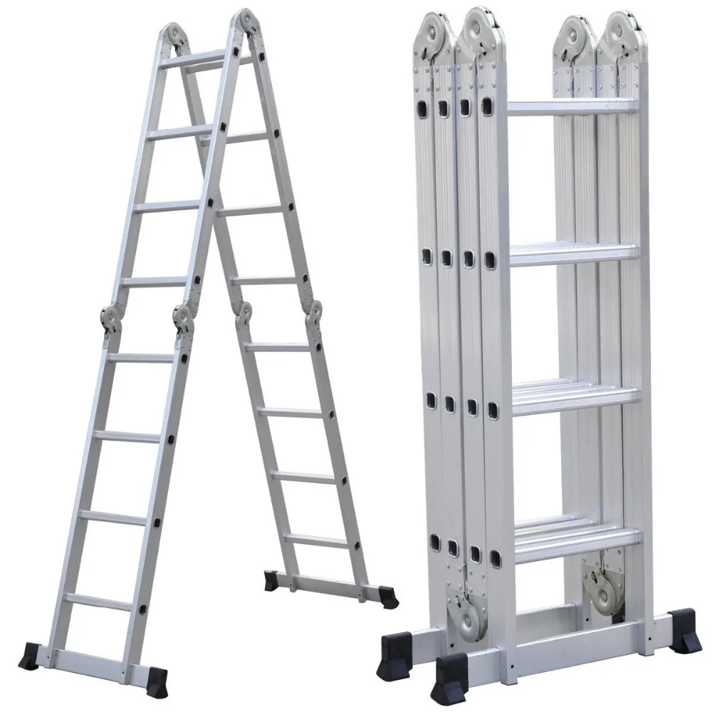 15.4 Ft Extendable Aluminum Folding Ladder Aluminum Ladder Tree Stand With Safety Locking Hinges