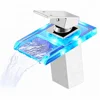 ROVATE Bathroom LED Light Basin Faucet 3 Colors Waterfall Glass Spout Sink Faucet Cold and Hot Water Mixer Tap