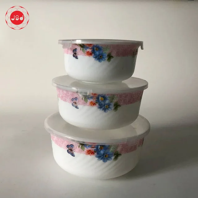 3 Pieces Promotional Opal Glass Fresh Bowl Set Blue Decal Printing Salad Bowl