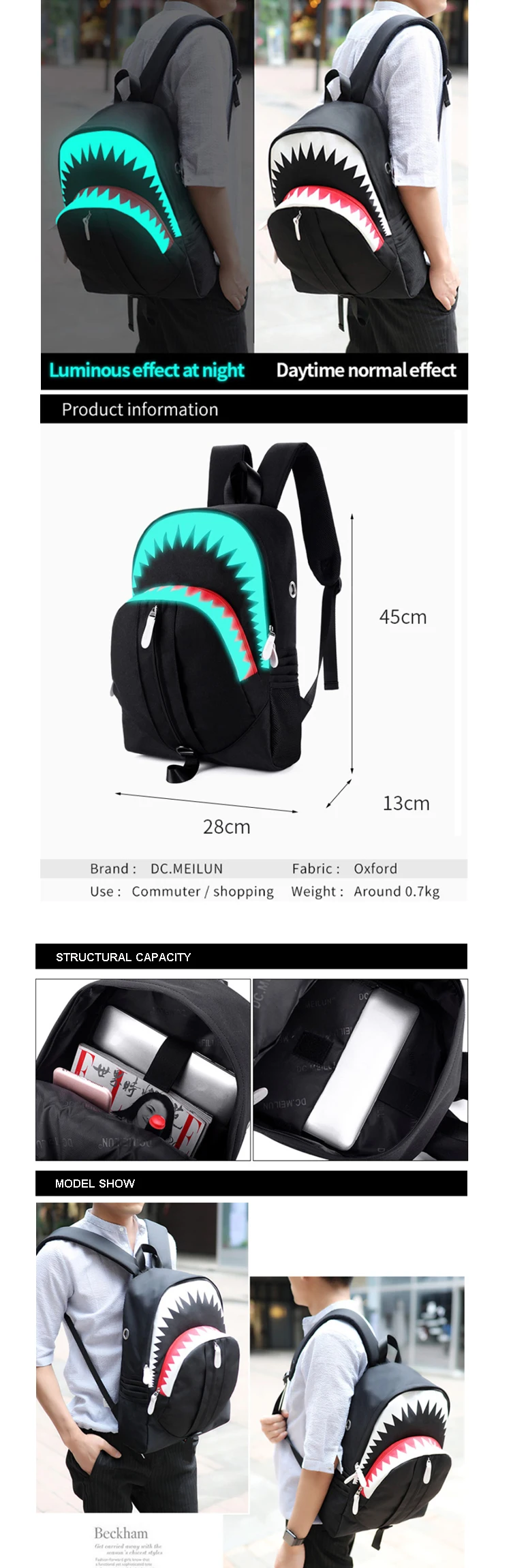 Osgoodway2 Big Mouth Shark Outdoor Safety Magic Luminous USB Charger School Backpack Bag