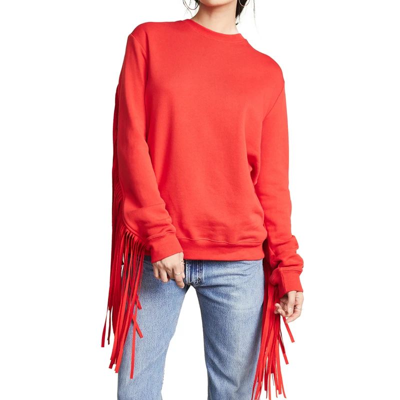 Bright Red Women Crew Neck Oversized Fringe Sweatshirt - Buy Plain ...