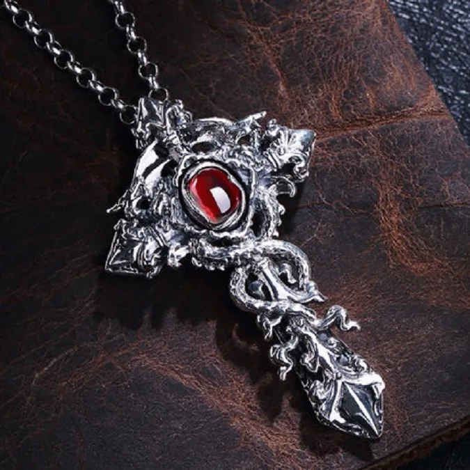 Exorcism Cross Pendant Necklace With Ruby Red Stone For Men Or Women ...