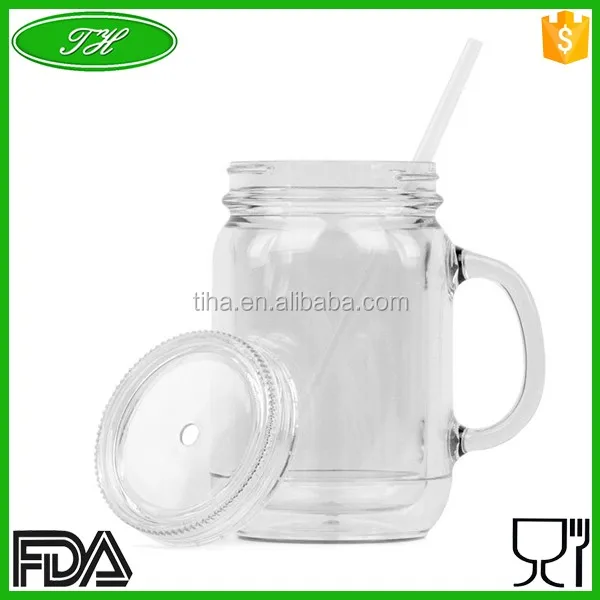 Custom 20oz Disposable Mini Glass Mason Jar With Handle And Plastic
