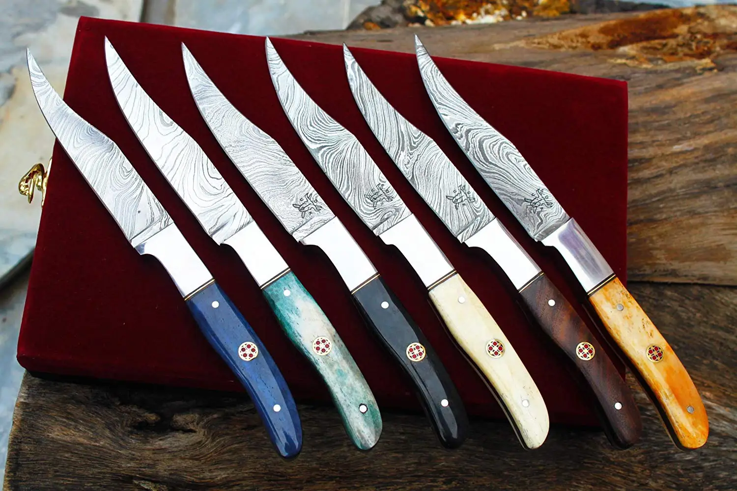 Set of 6 Damascus Handmade 4.4" Steak-Knives w/Bone, Horn,Walnut Wood,Olive, Horn Handle & Handmade Box UDK-S-B-03