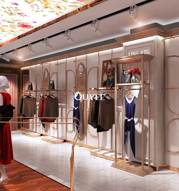 Rose Gold Garment Rack Furniture Designed For Clothing Store Modern Shop Counter Design For