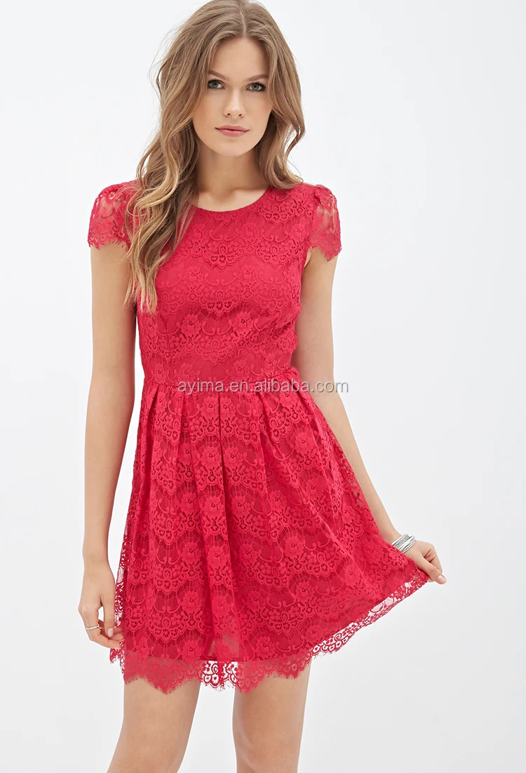 Hot Sale Latest Women Red Lace Dress Short Sleeve Plain Red Lace Dress