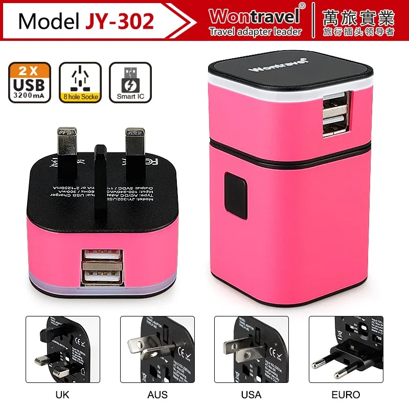 JY-302 Promotional items with luminous logo travel adaptor smart ic travel adapter with two usb, highly usb adapter output 3.2A