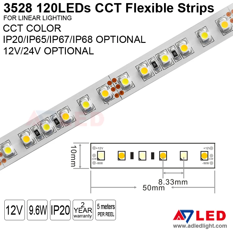 UL listed led tape light 3528 smd dc12v warm white cold white dual color changeable led flexible strip
