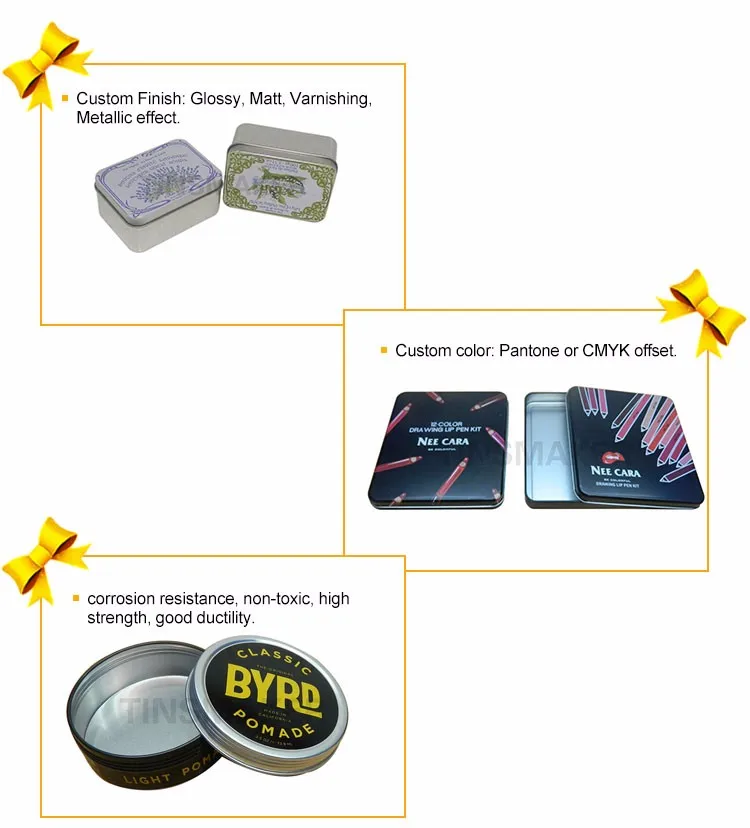 Small colored rectangular cosmetic hinged tin box