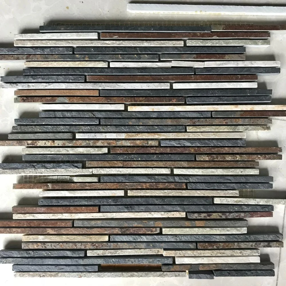 China natural split multicolor mesh strip mosaic tile slate stone floor and wall mesh tile