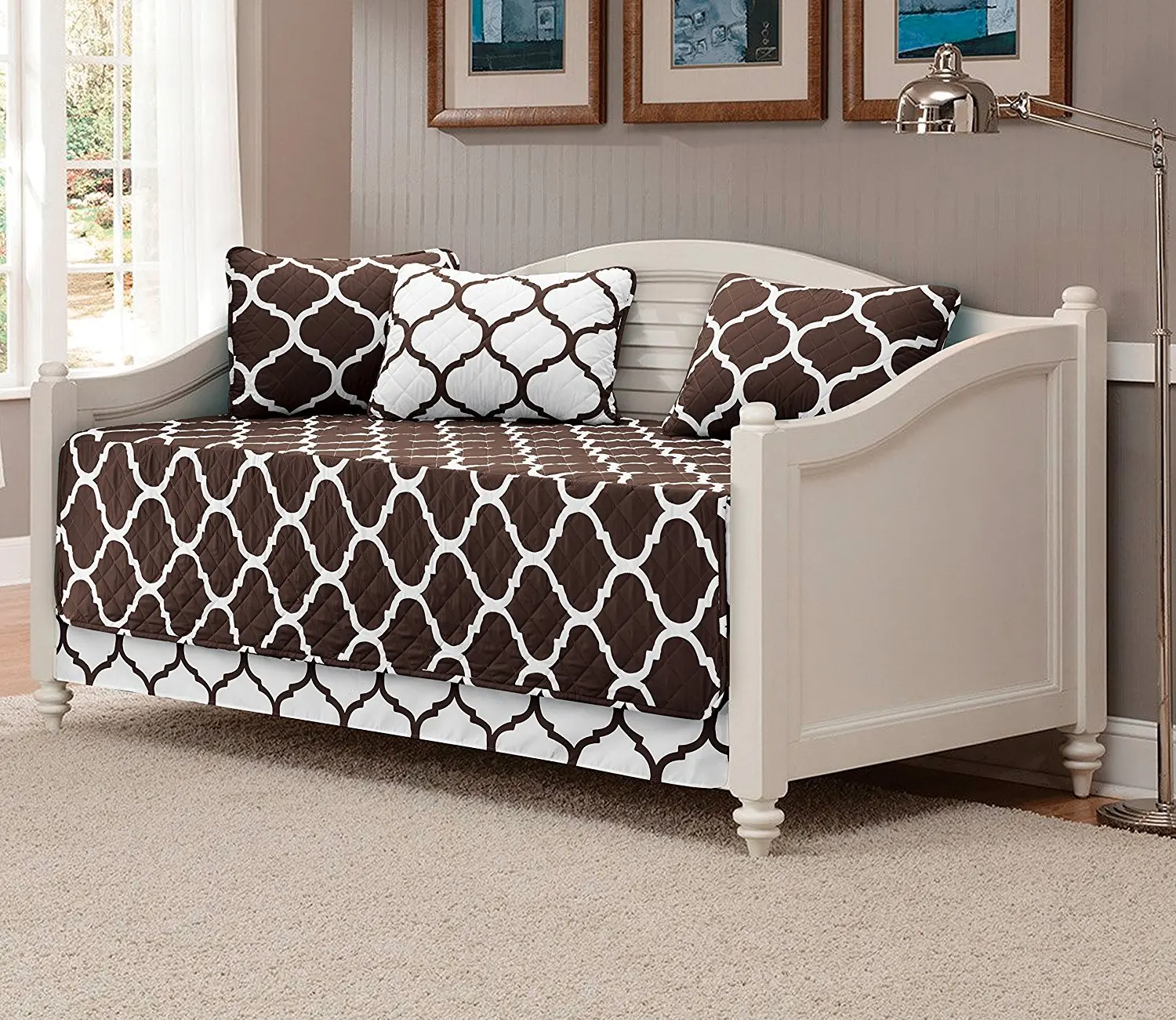 Fancy Collection 5pc DayBed Quilted Bedspread Coverlet Set Modern Geometric Coffee (Brown)/White New