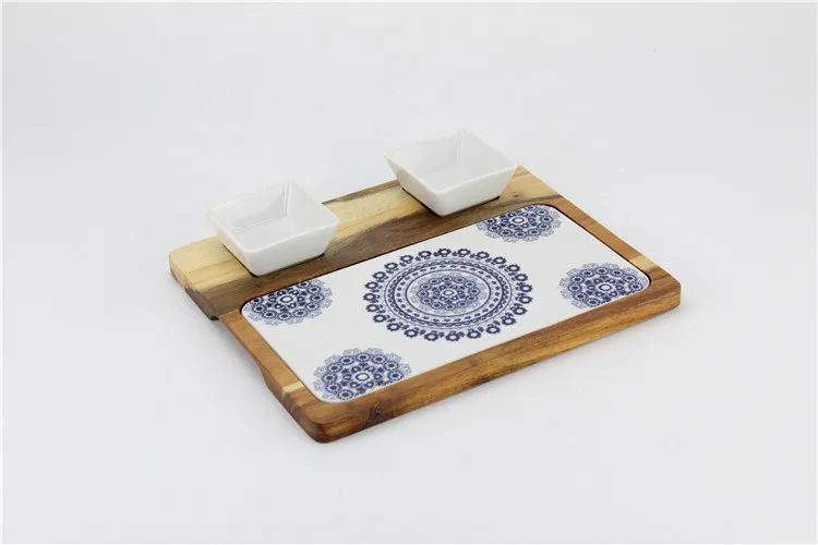 Non-slip wooden base custom printed ceramic serving tray with sauce bowls