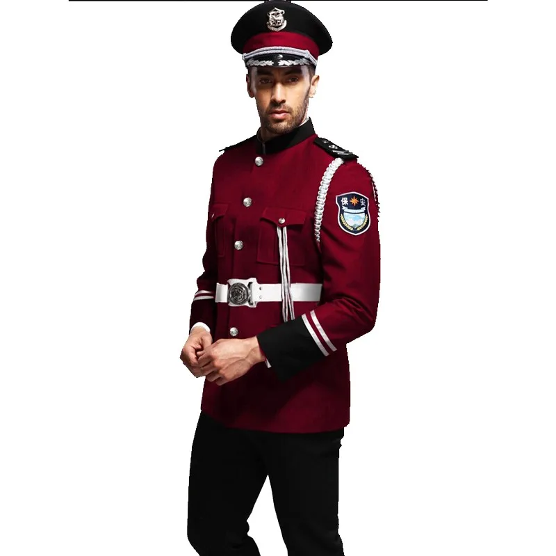 Bordeaux red design security guard uniform, marching band uniform. 