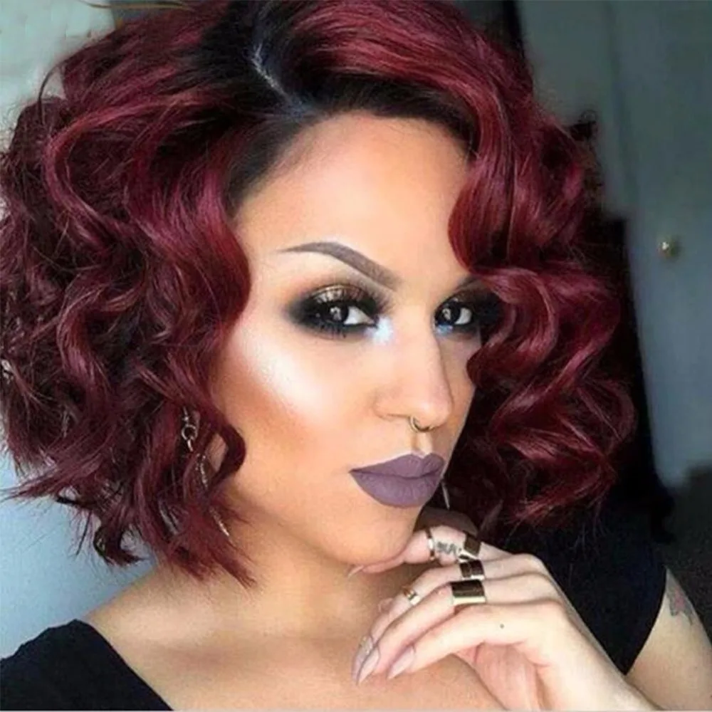 Short Wigs India Synthetic Hair African American Kinky Curly Wine