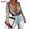 OOTN Long Sleeve Snake Print Top Shirt Ladies Deep V Neck Snakeskin Sexy Satin Bodysuits Vintage Silk Rompers Womens Jumpsuit