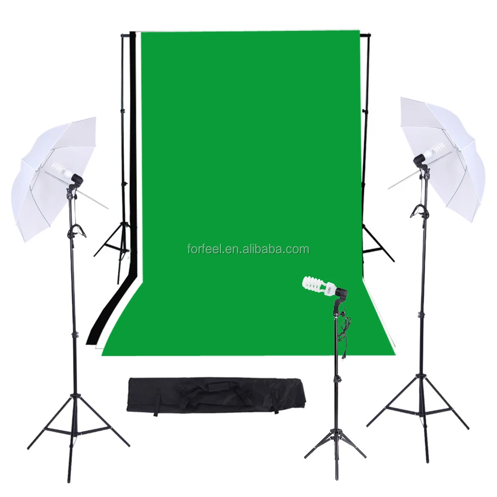 Photographic equipmet/Photo Studio Lighting Kit with Black/White/Green Muslins Backdrops Background Soft Umbrella Support System