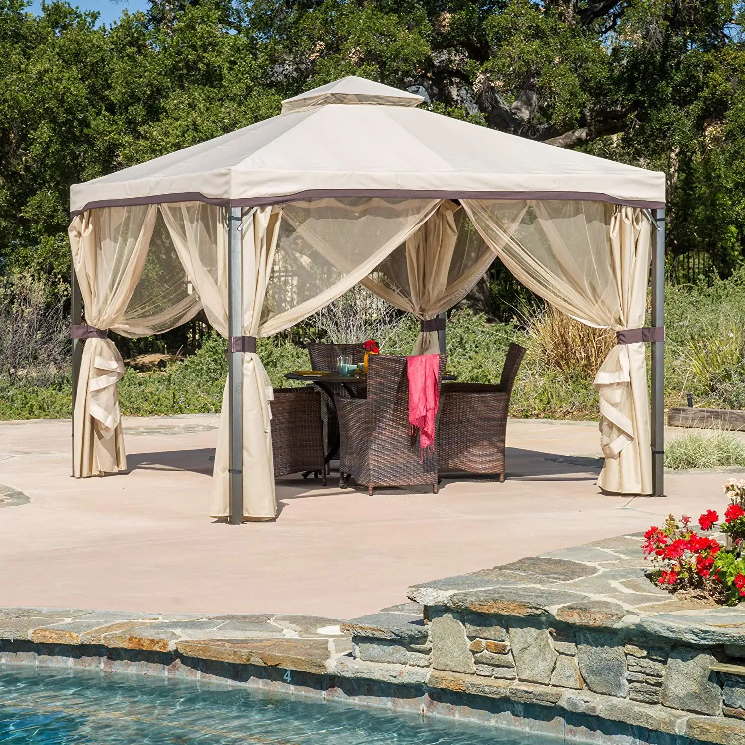 Skyline Fabric Gazebo, UV-Resistant Polyester Roof, Adjustable Side Mosquito Netting, Made of Polyester and Steel, Solid and Durable, Adjustable Netting to Enclose the Structure, Multiple Colors