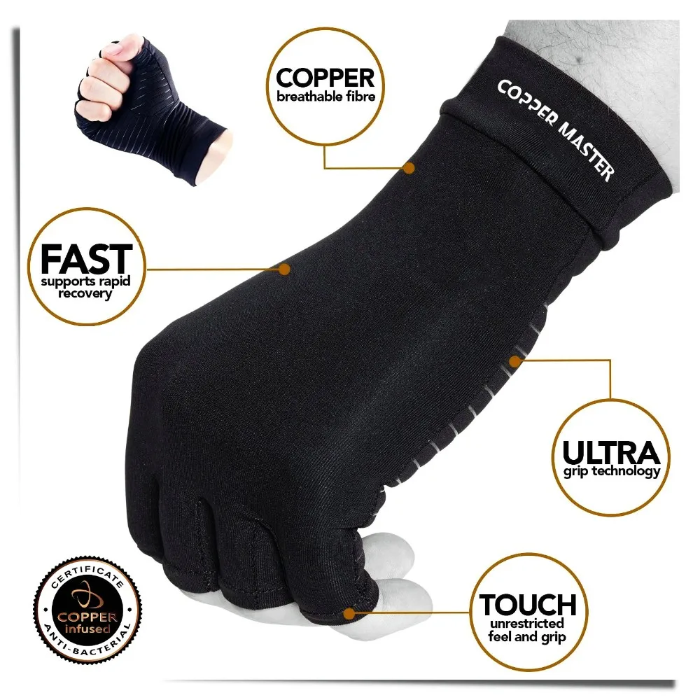 Half Finger Copper Infused Black Compression Recovery Hands Arthritis ...