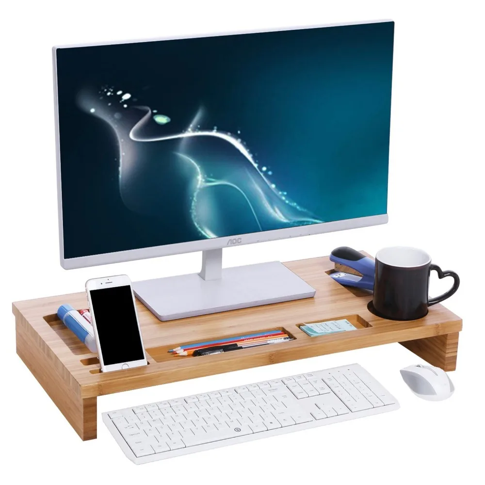 Bamboo Monitor Stand Wood Computer Desktop Riser Shelf Organizer
