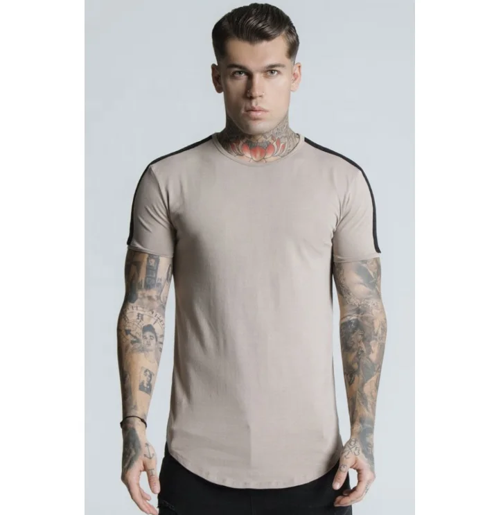 Khaki Tapered Striped Sleeve Athleisure Tshirt Custom Curved Hem ...