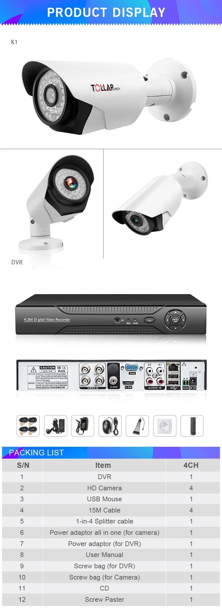 Cctv Camera System 4ch 1080p Ahd Camera+ H.265 Hd Kits Home Security
