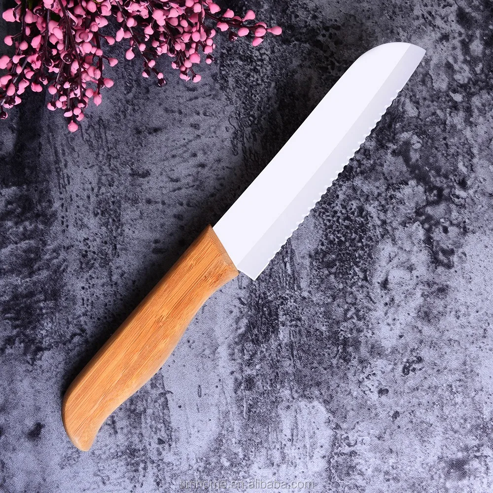 Timhome Bamboo Handle White Ceramic Bread Knife 6 Inch With Rounded End