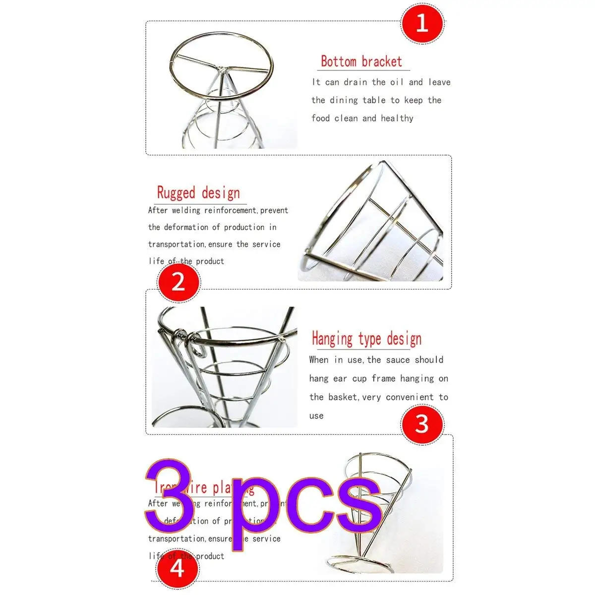 Outdoor Events Appetizers BESTONZON 2PCS French Fry Stand Cone Basket French Fry Chips Cone Metal Wire Basket with Sauce Dippers for Home Parties Backyard Picnics