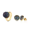 Vacuum fashion natural druzy stone agate geode gold plating copper ring and earring jewelry set for women and girls
