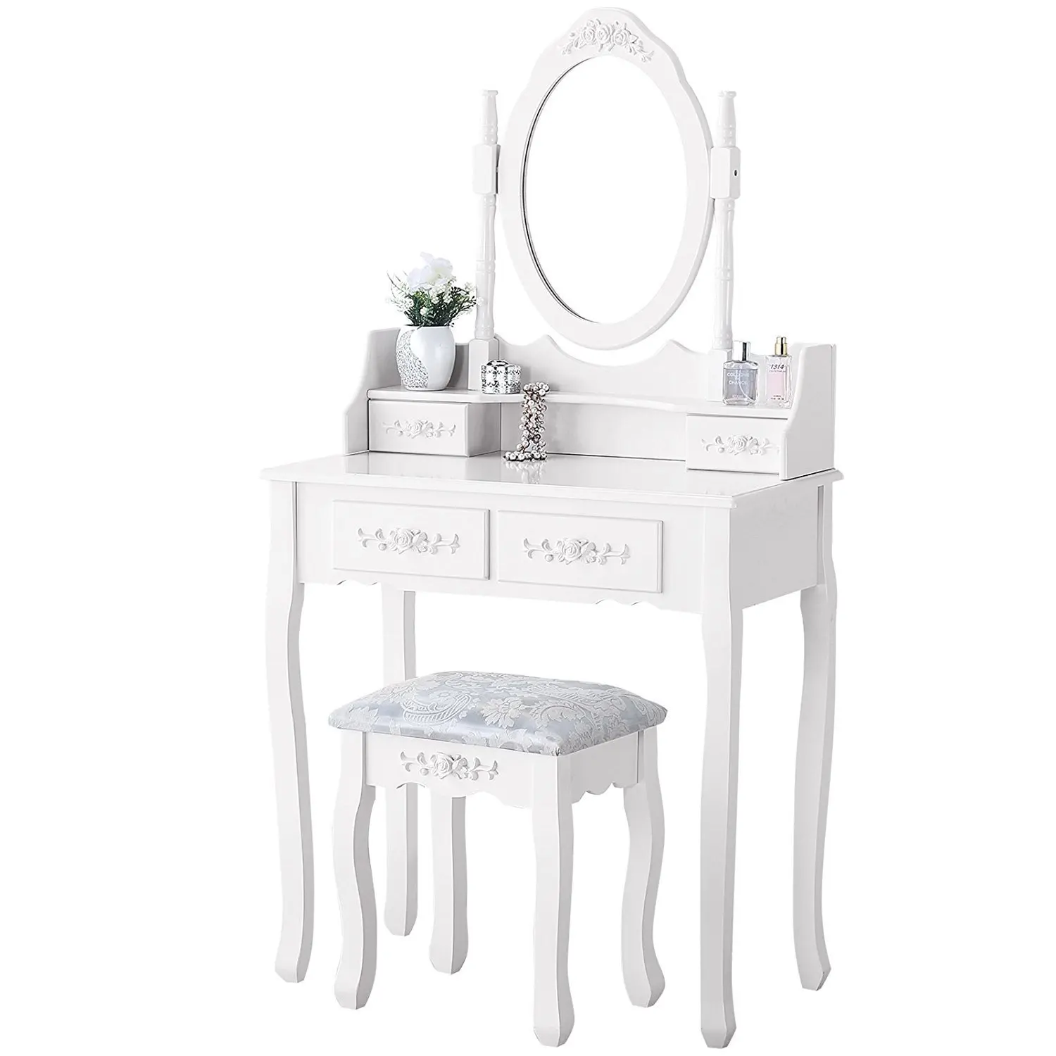 Luxury White Dressing Table With Mirror And Stool Vanity Table Set