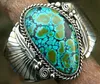 Large turquoise antique silver textured wide cuff bangle