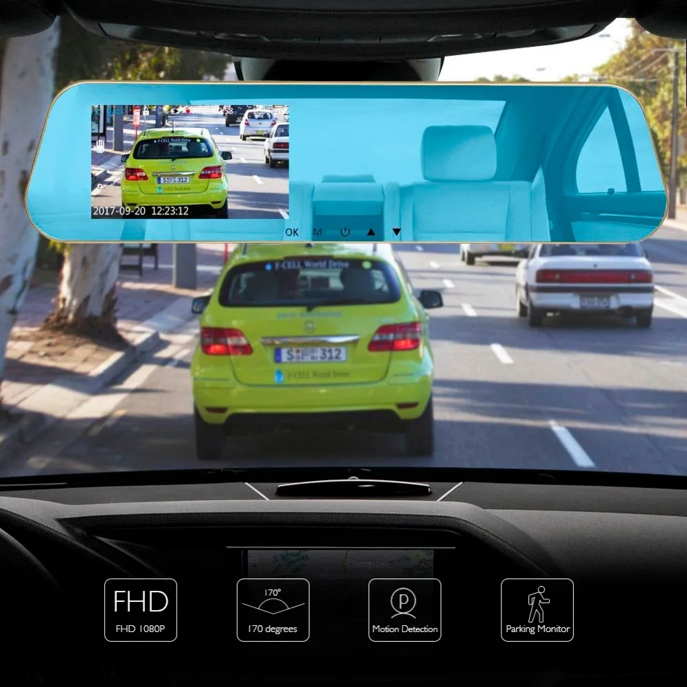 4.3 Inch 1080p Dual Lens Backup Auto Side Rear View Car Mirror Camera