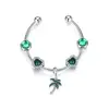 Green Jungle Design Coconut Tree Dangle Heart Zircon Beads Open Cuff Bracelet