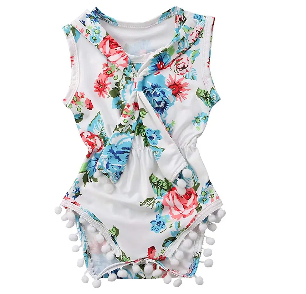Baby Girls Girls Summer Floral Print Sleeveless Tassel Tie Romper