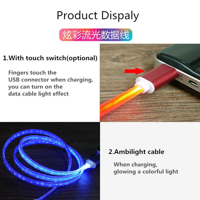 Flujo LED Luz Visible Micro USB Carga de Datos SINCRONIZACIÓN Cable Cable Para Teléfono Móvil 