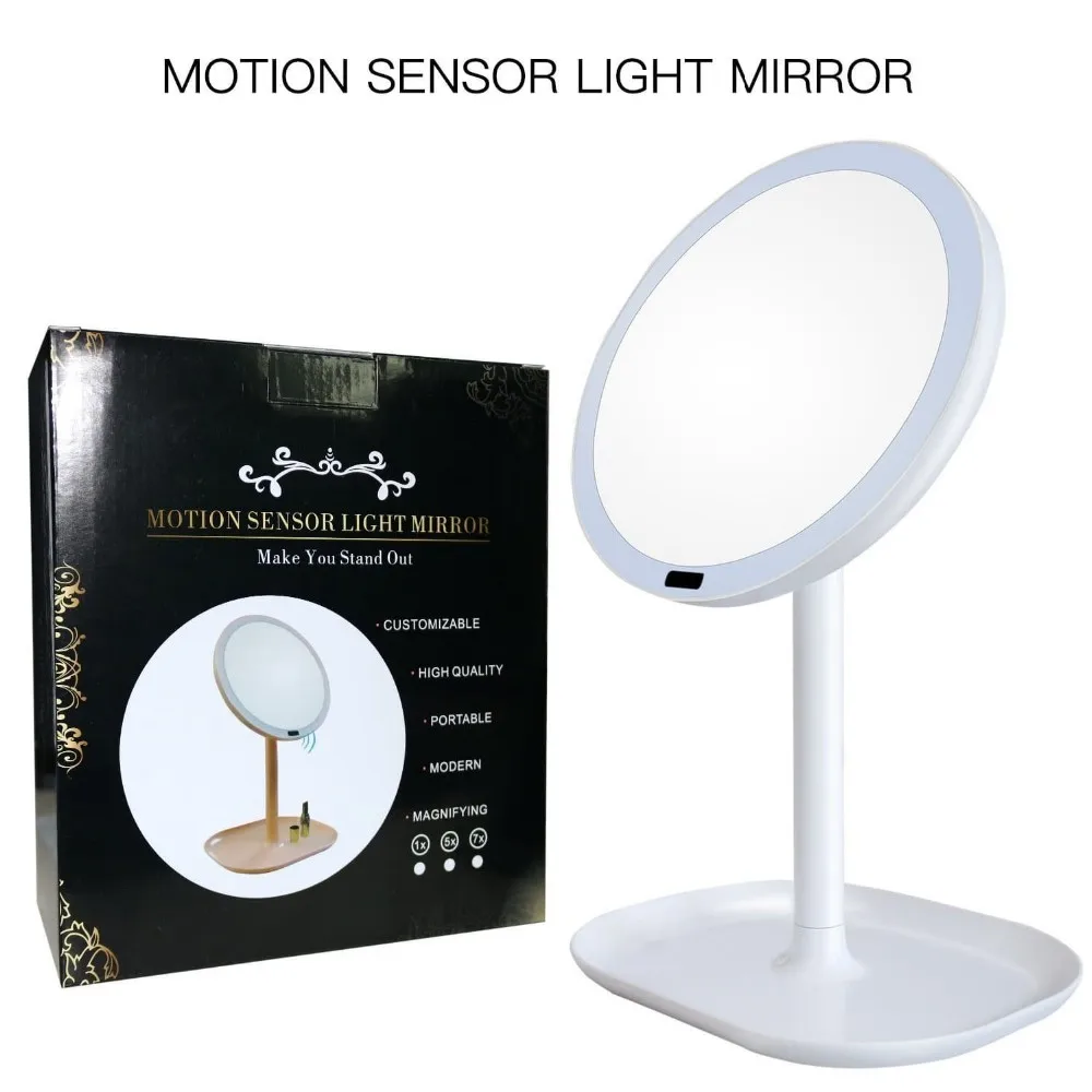 Infrared Body Sensor Round Vanity Led Illuminated Pedestal Mirror For Makeup Student Portable
