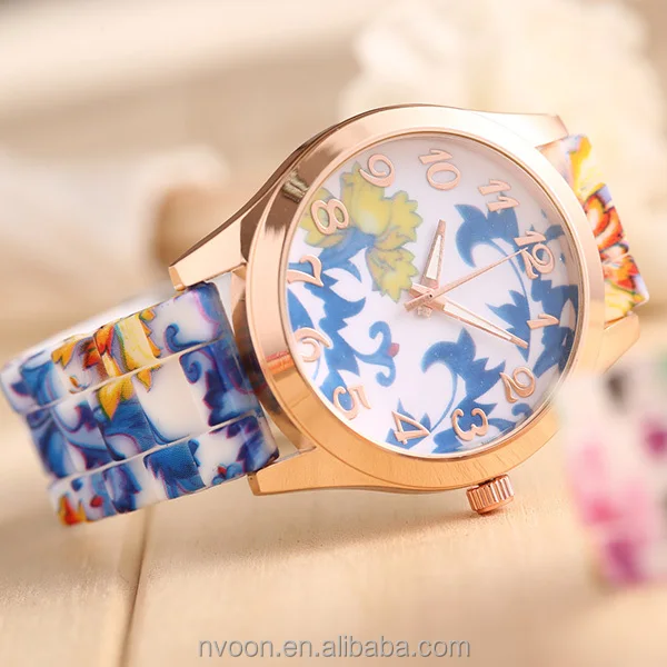 Women Fashion Flower Printed Silicone Watch Lady Fancy Watches For Girl ...