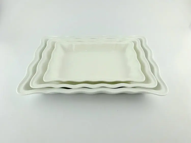 Dishwasher safe rectangular shape white restaurant ceramic serving dish with wavy rim