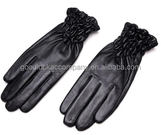 Fashion elastic cuff Women's black Leather Gloves to keep warm in the cold winter