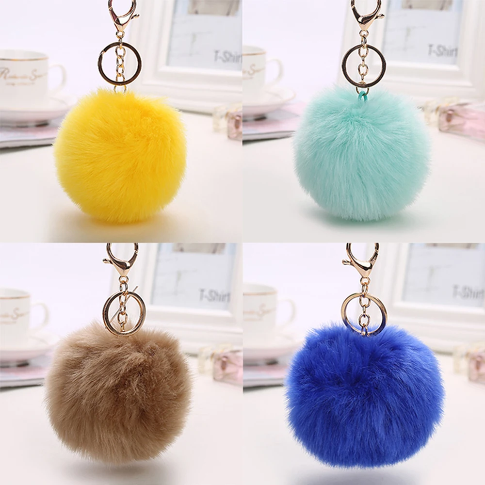  Yongze wholesale 8cm High quality faux rabbit fox fur furry fuzz ball pom pom keychain puff fluffy key chain